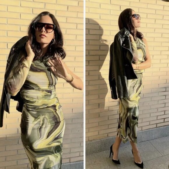 Zara | Printed Tulle Midi Skirt in Tie-Dye Green (Style 5039/808/131) - Picture 3 of 9